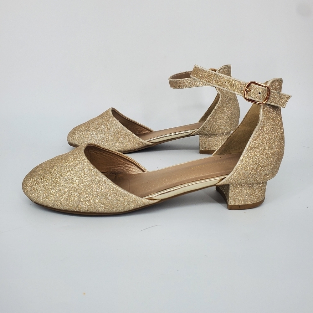 GANDAMIMA Gold Glitter Closed Toe Ankle Strap Block Heels Pumps Women's 5 Shoes
